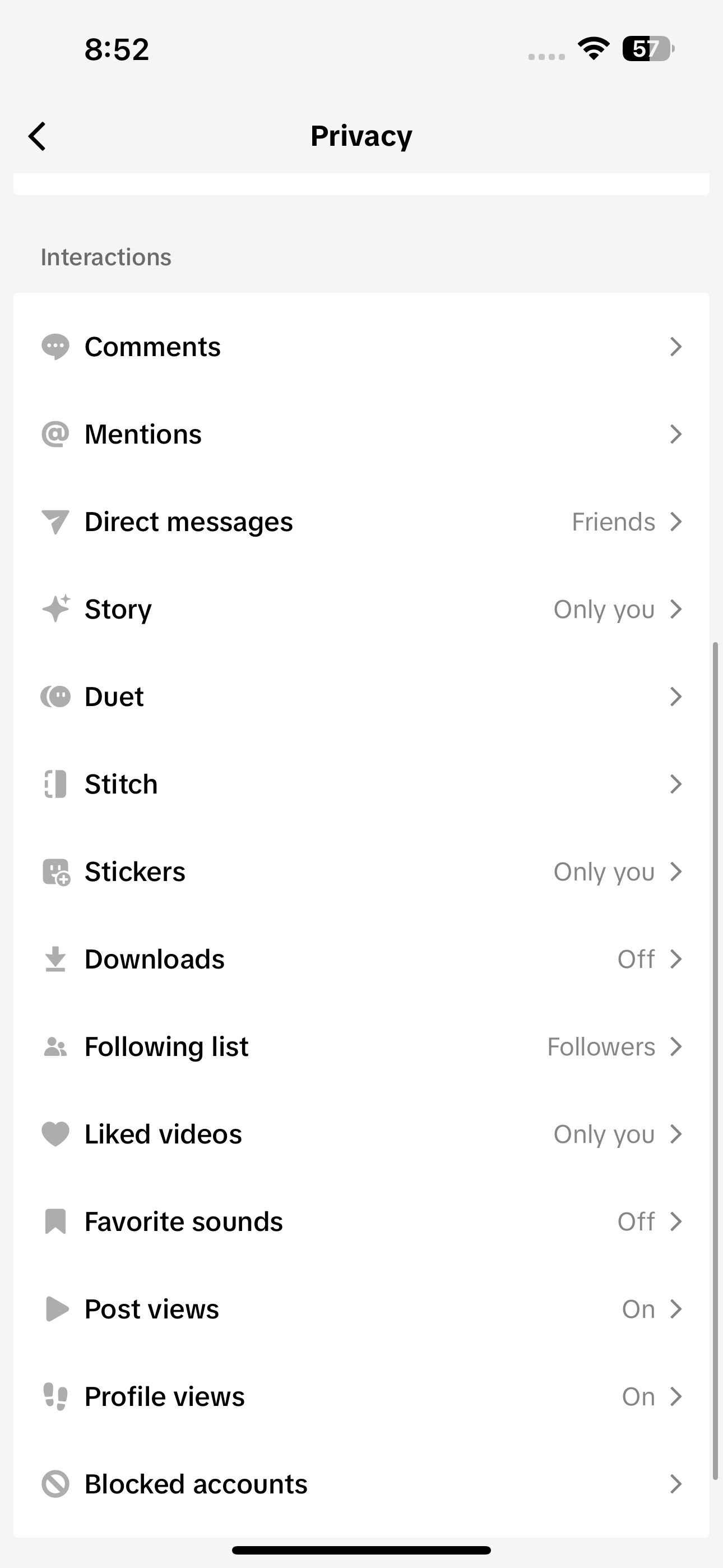 Privacy settings page TikTok