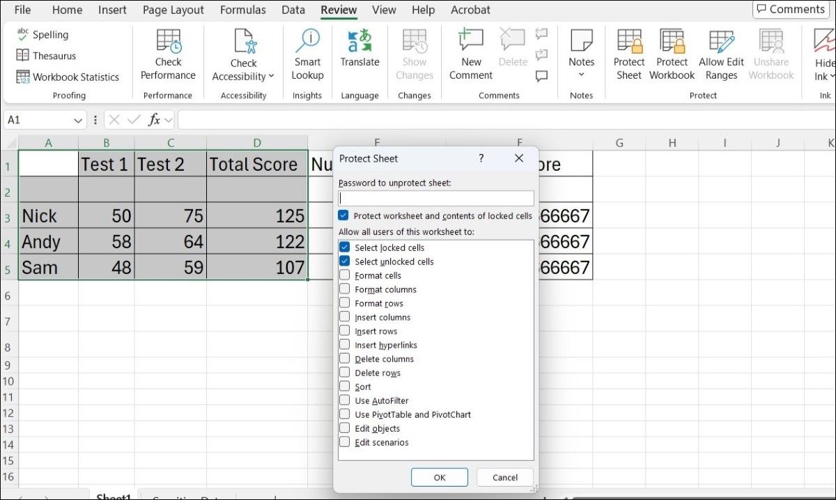 Protect Sheet Dialog Box در اکسل