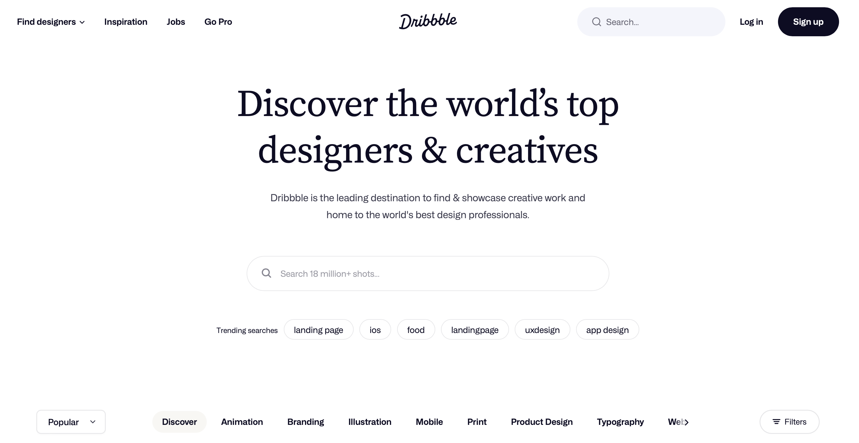 Dribbble homepage with search bar and popular tabs including animation, branding, and product design