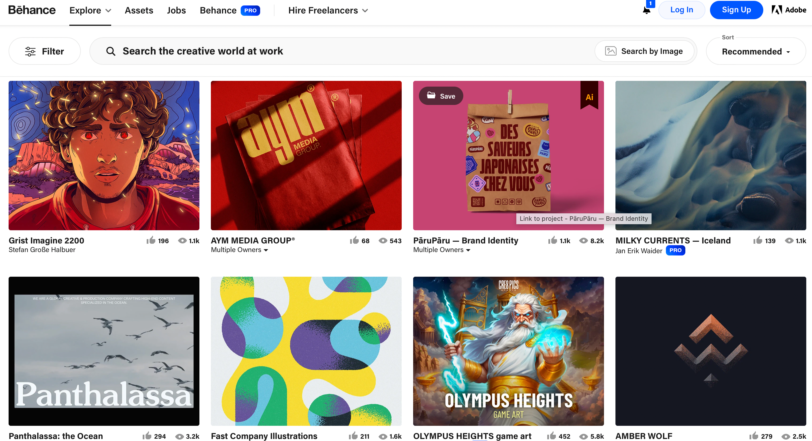 Homepage of Behance with eight different art pieces showcased