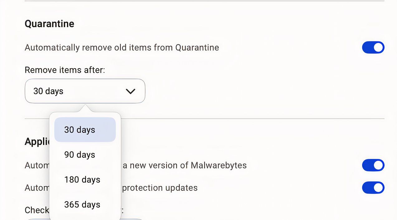گزینه ای برای انتخاب هر چند وقت یکبار می خواهید موارد قرنطینه شده را در Malwarebytes حذف کنید