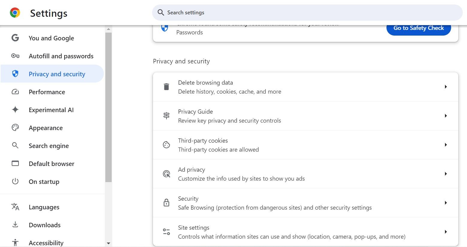 Site settings option in Chrome Settings