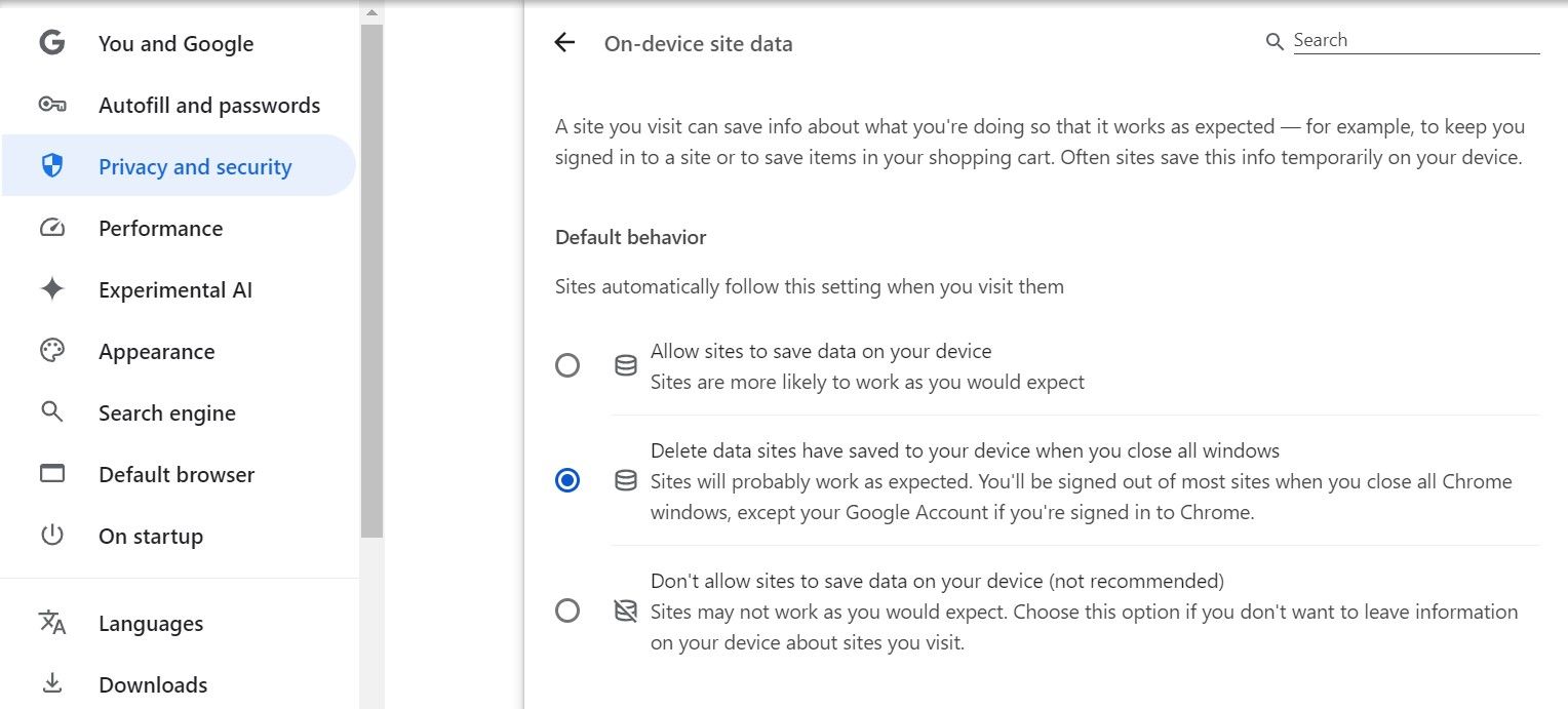 Default behavior section under On-device site data