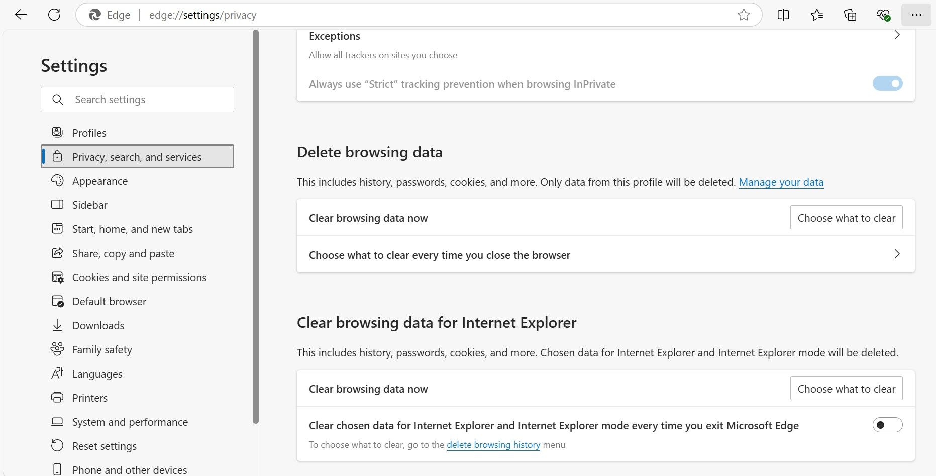 Delete browsing data section in Edge settings