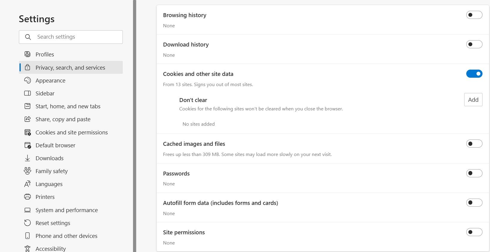 Cookies and other site data toggle in Edge