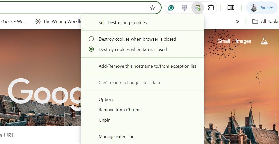 Self-Destructing Cookies extension menu