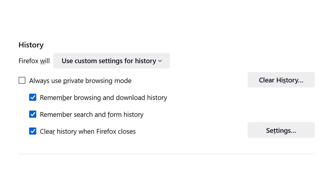 Custom settings for history in Firefox