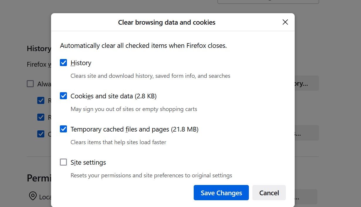 Clear browsing data and cookies settings in Firefox