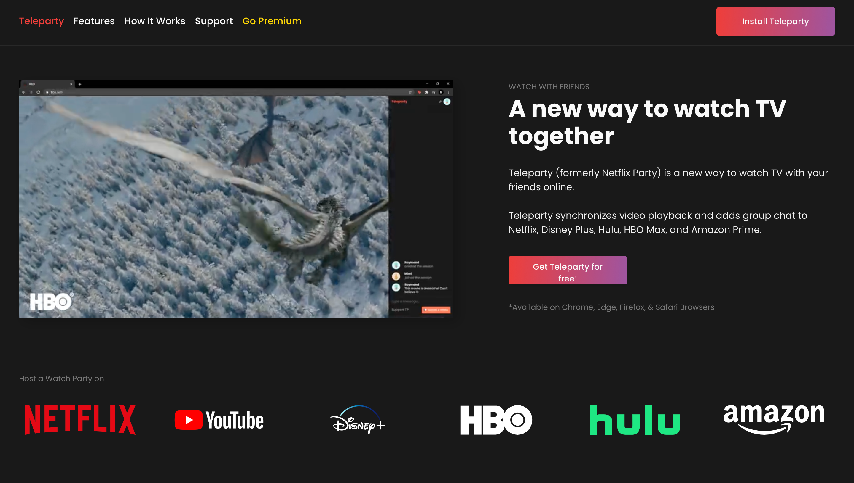 Teleparty homepage with options to connect Netflix, YouTube, Disney+ account, and more