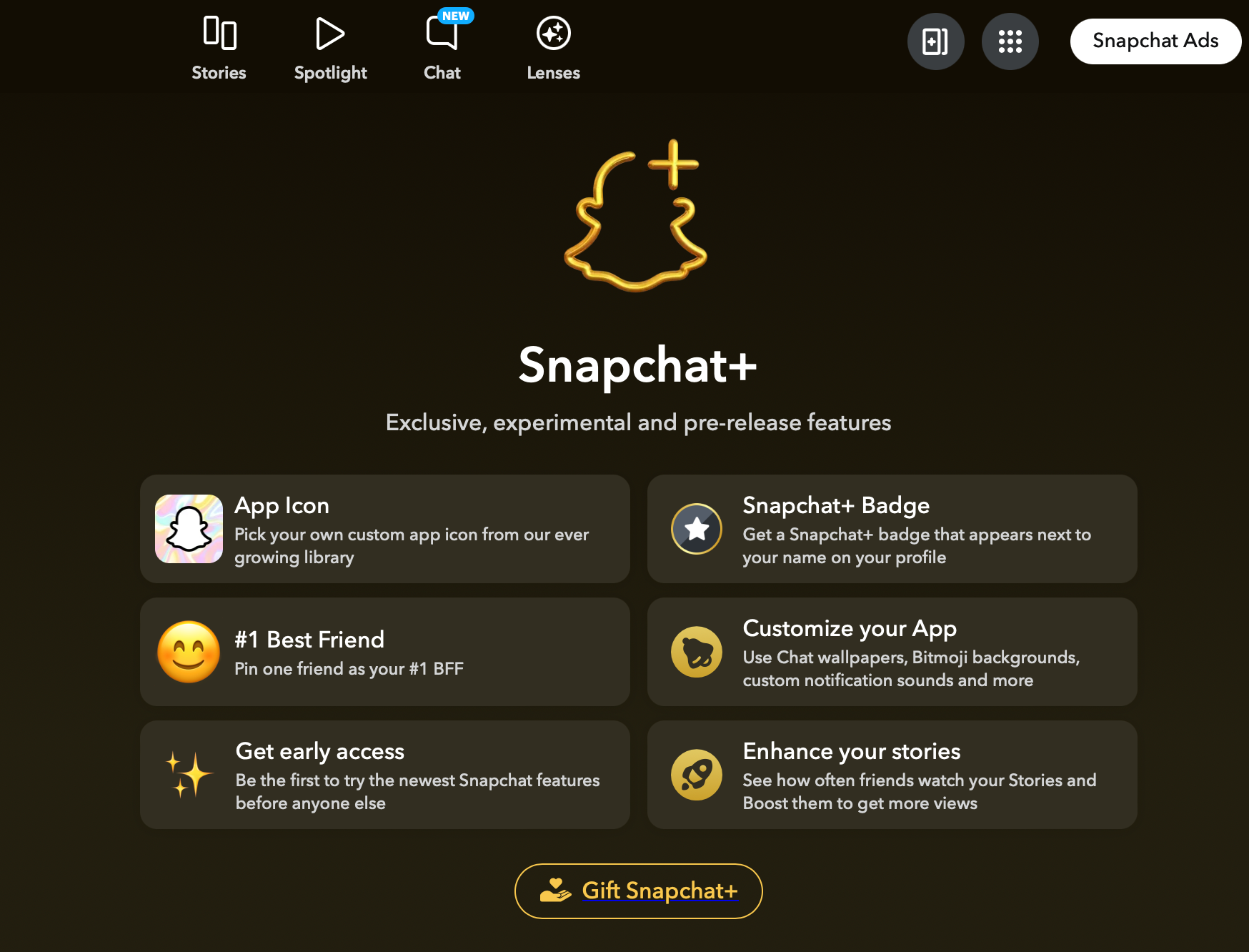 Snapchat Plus subscription page with features like changing the app icon and enhancing your stories