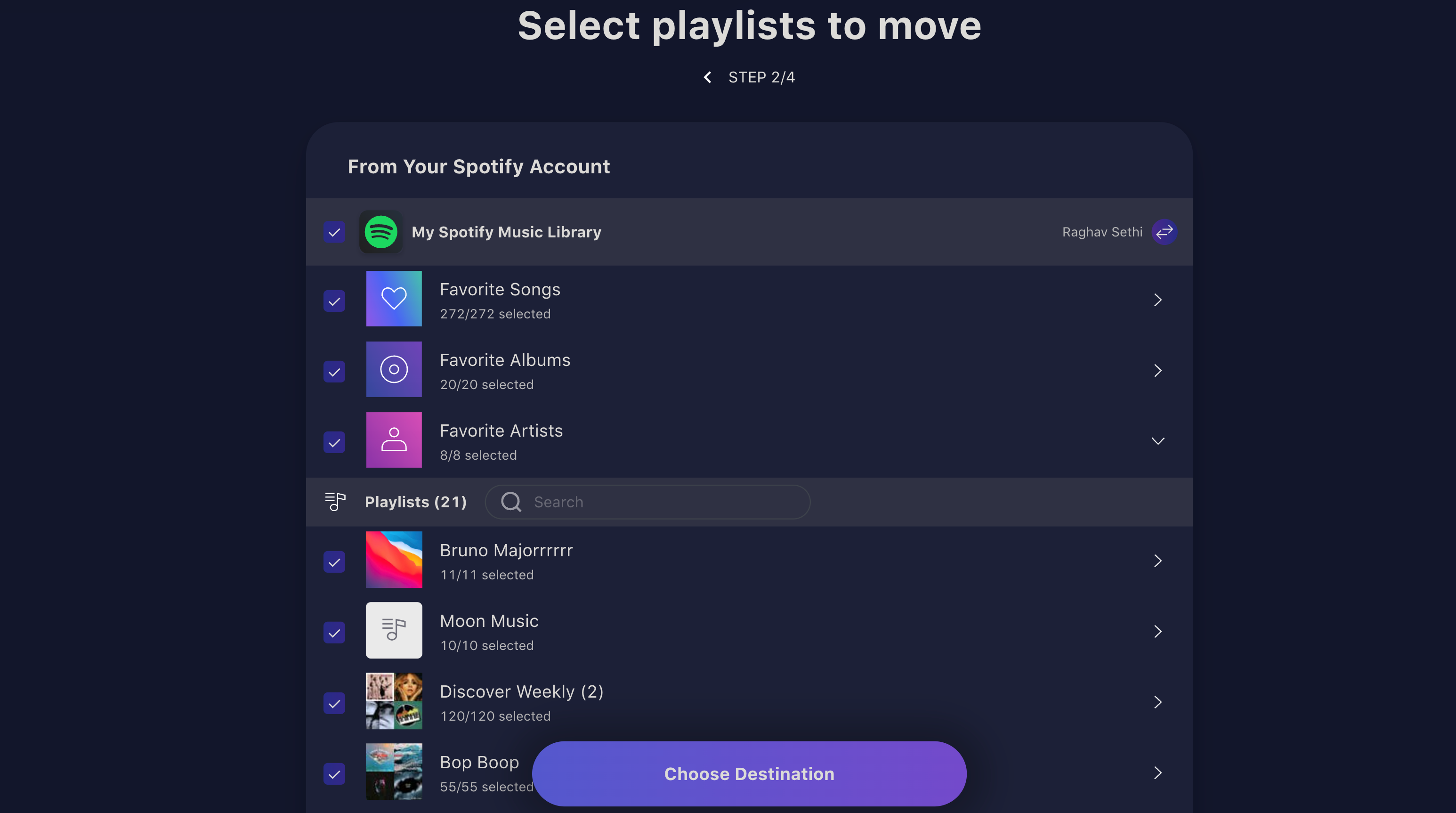 TuneMyMusic open with the option to select multiple Spotify playlists to export them