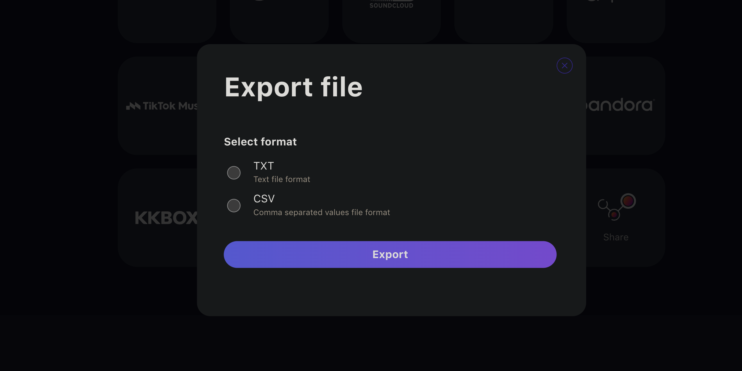 TuneMyMusic open with the option to export playlists as a .TXT file or a .CSV file