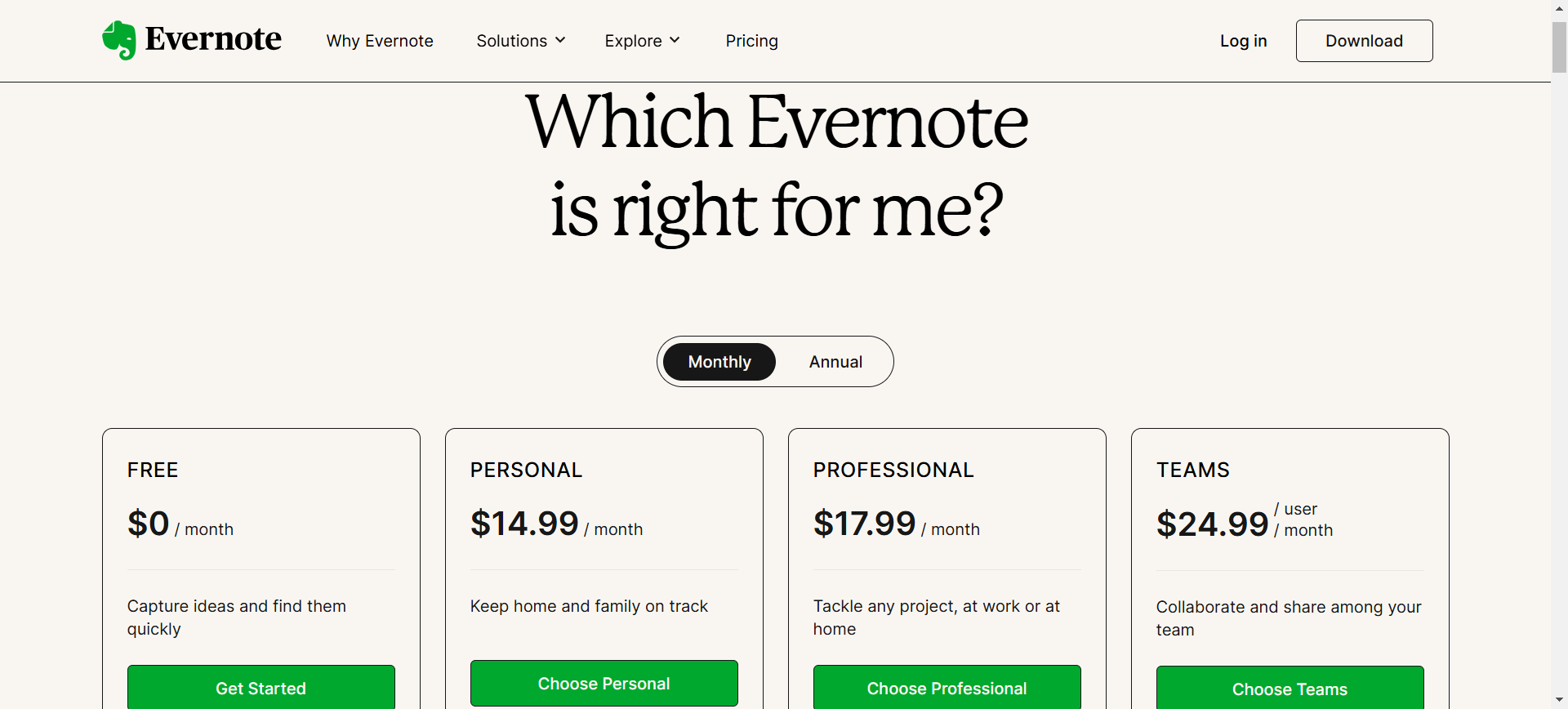 برنامه های قیمت گذاری Evernote