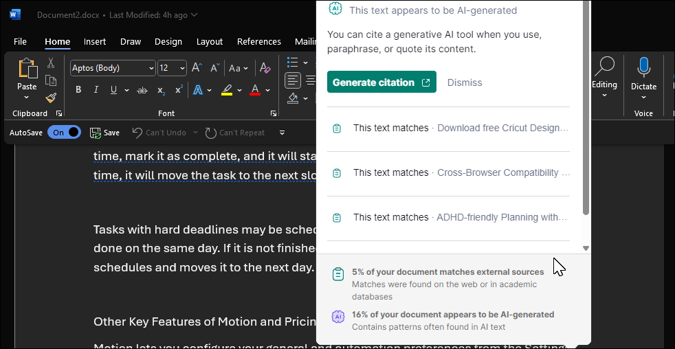 screenshot of the Grammarly extension in Microsoft 365 Word