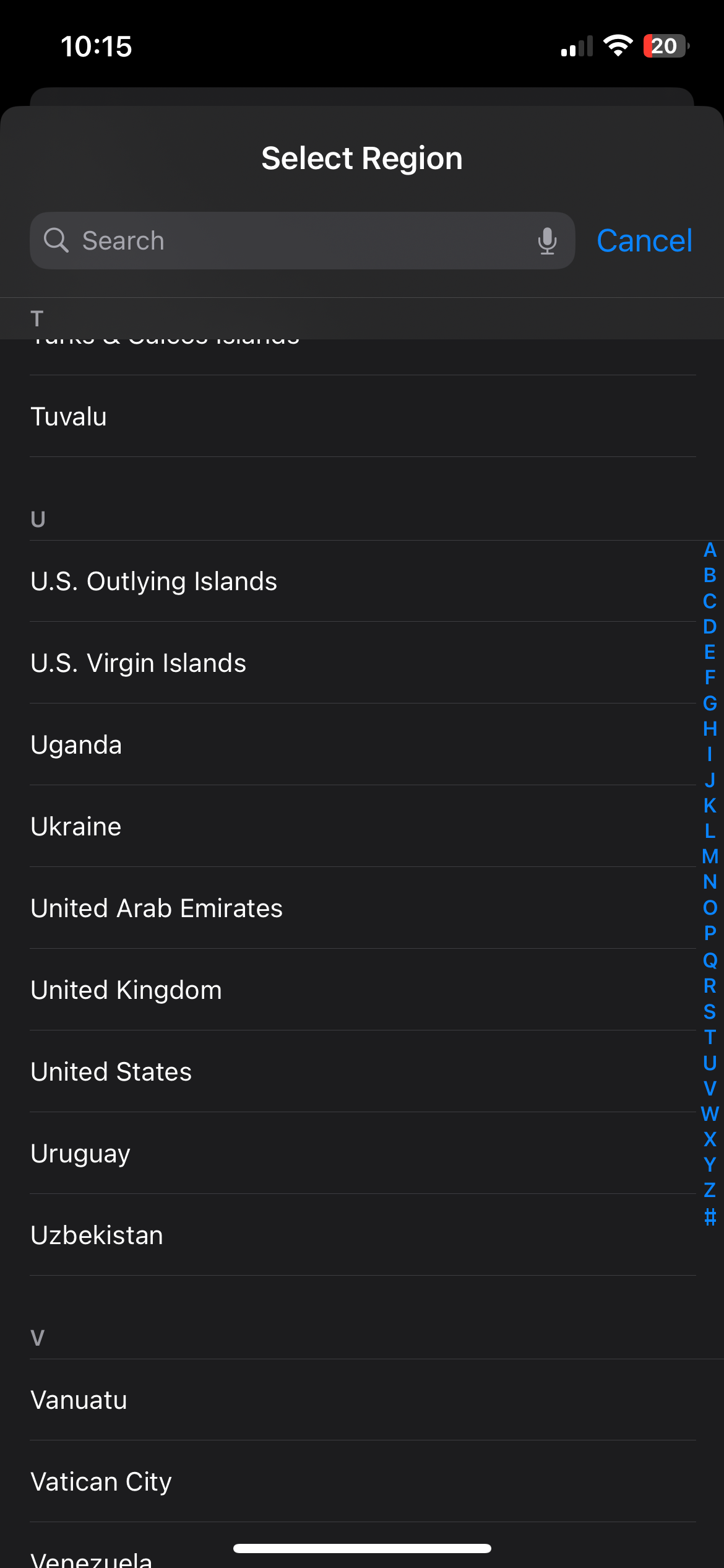 Select Region Menu on iPhone