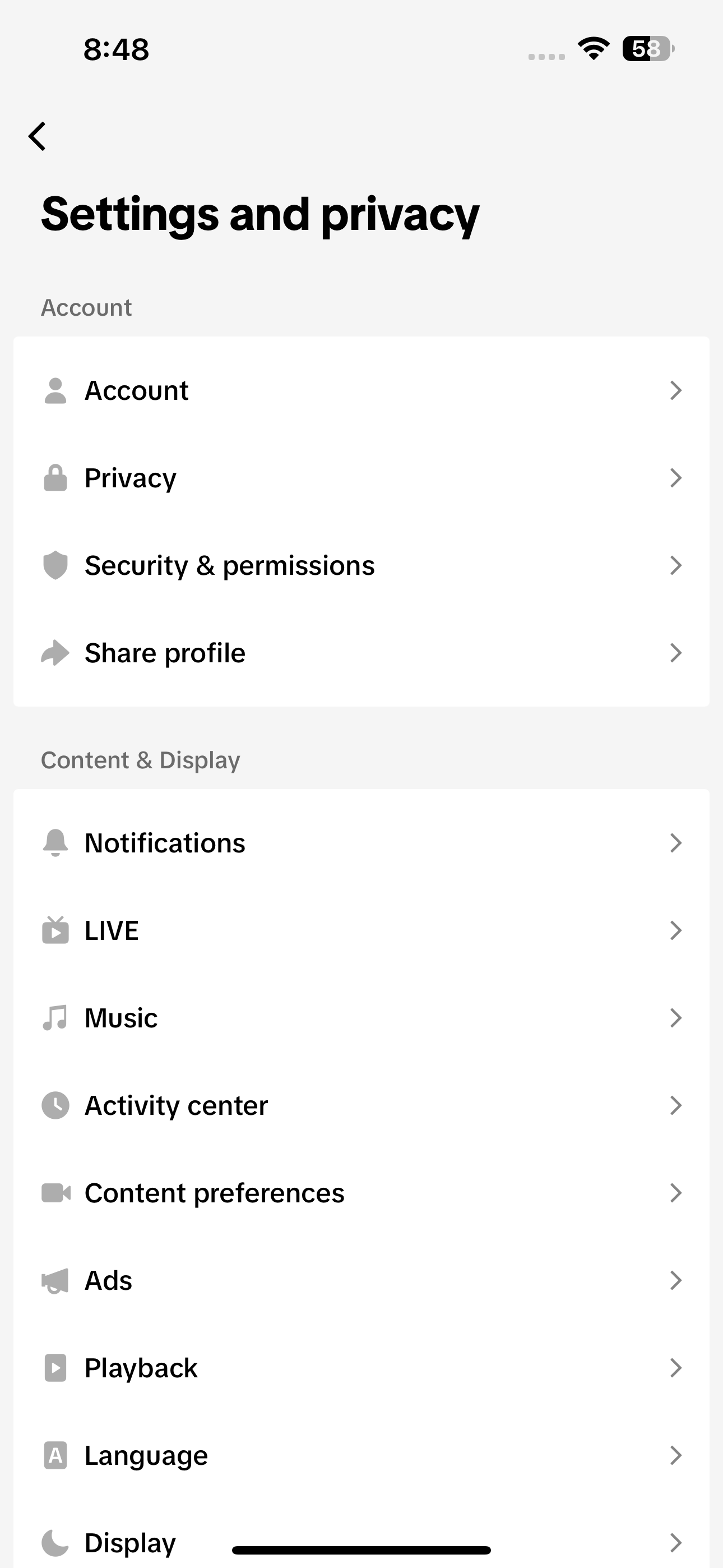 Settings and privacy TikTok page