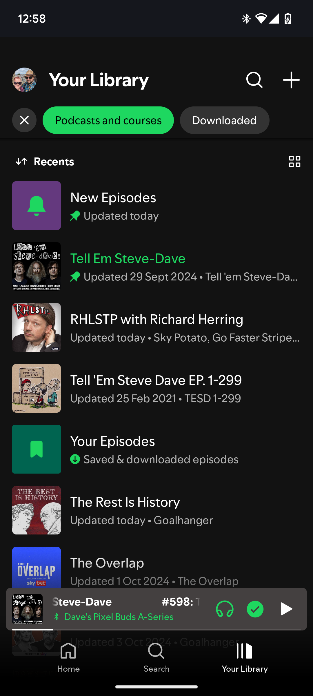 My library of saved podcasts on Spotify