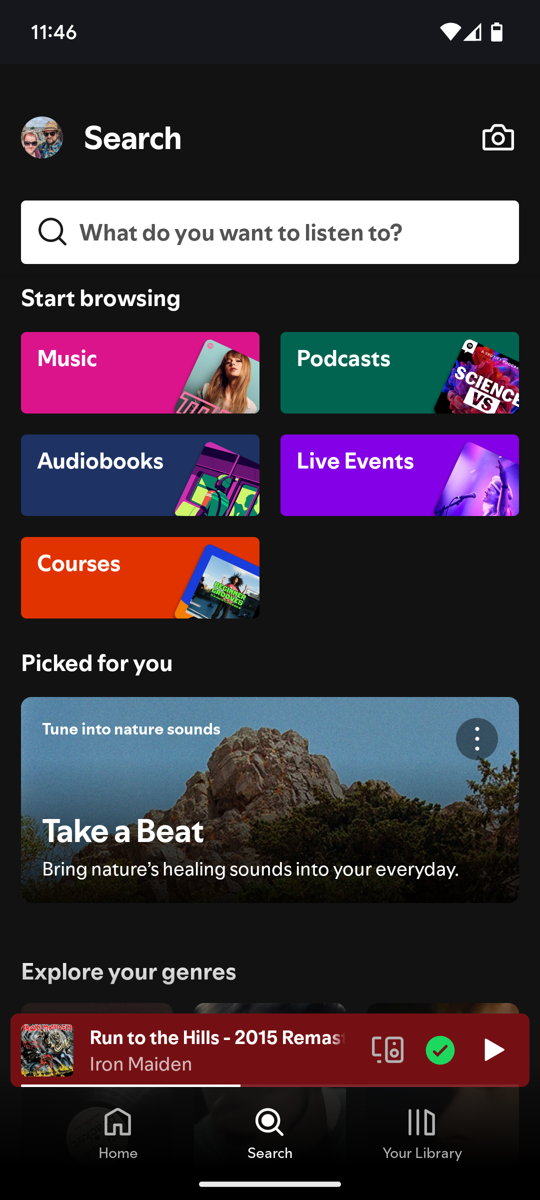 The search page on the Spotify app