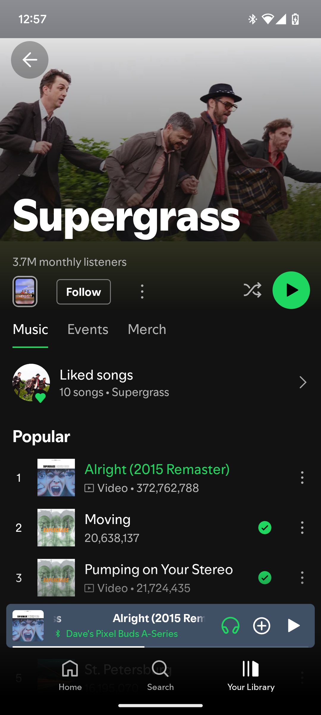 Spotify's artist page for Supergrass