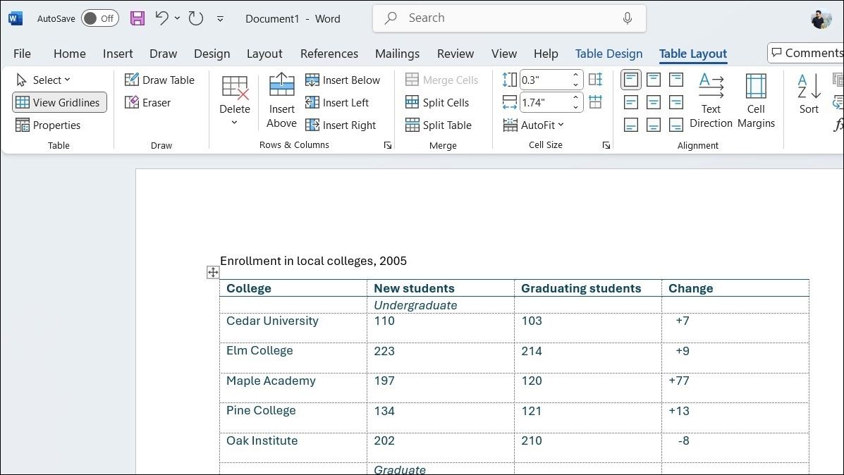 تب Layout جدول در Microsoft Word