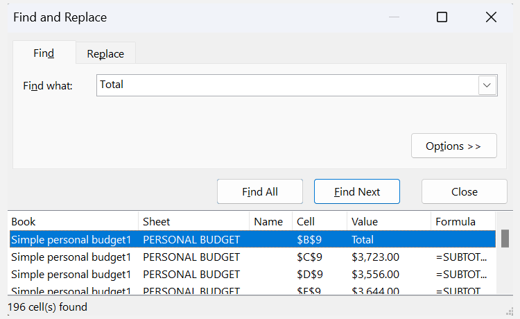 نتایج یک عملیات Find All در Microsoft Excel