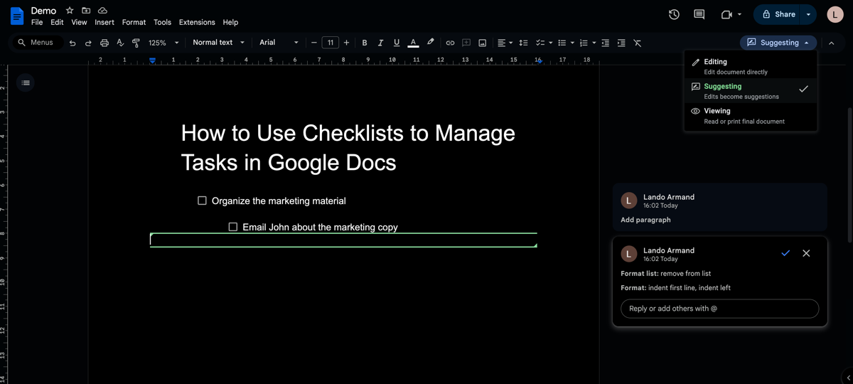 The Suggesting feature in Google Docs