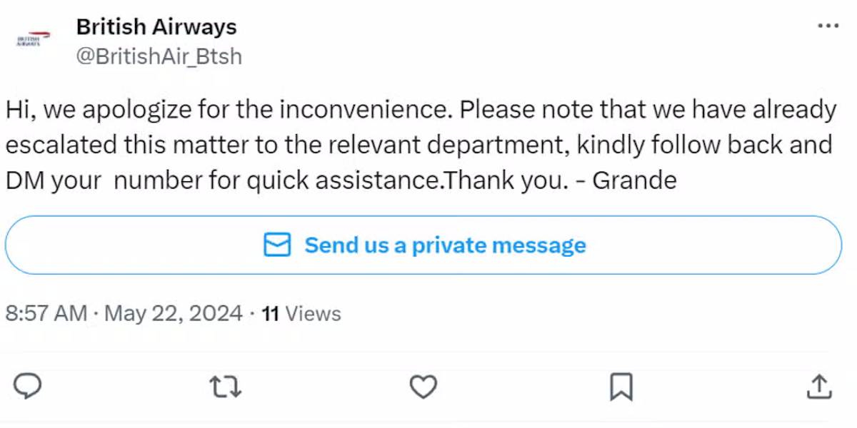 A fake British Airways account inviting the user to DM them.