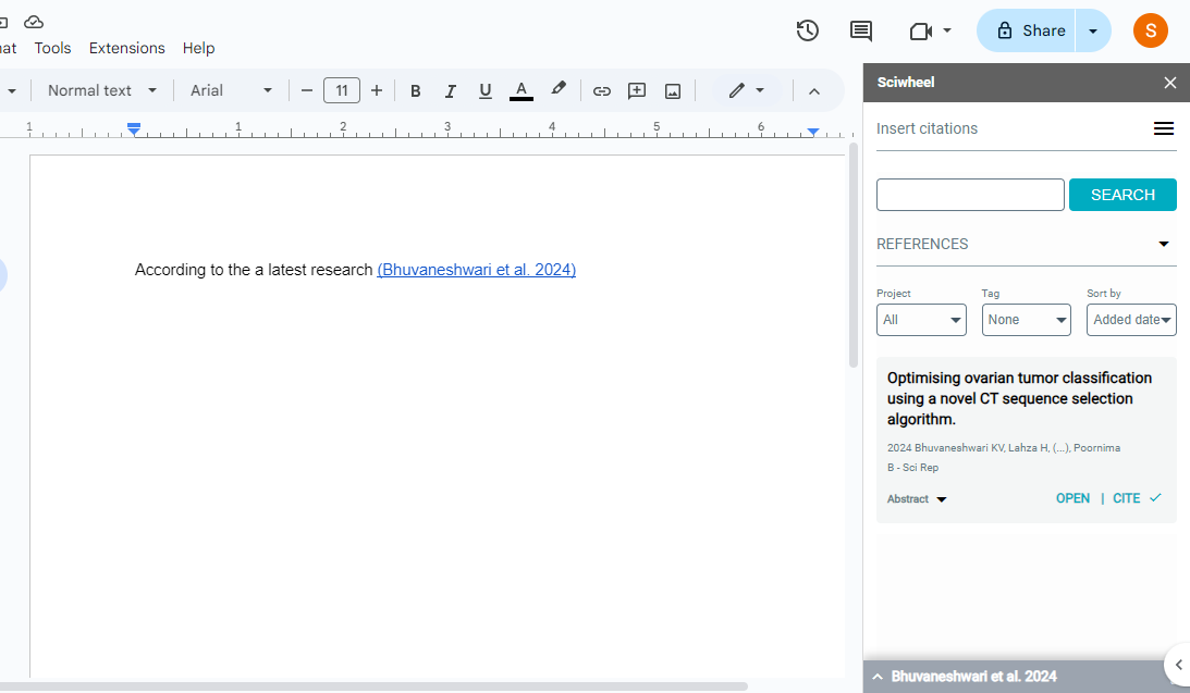 با استفاده از افزونه sciwheel برای افزودن نقل قول در Google Docs