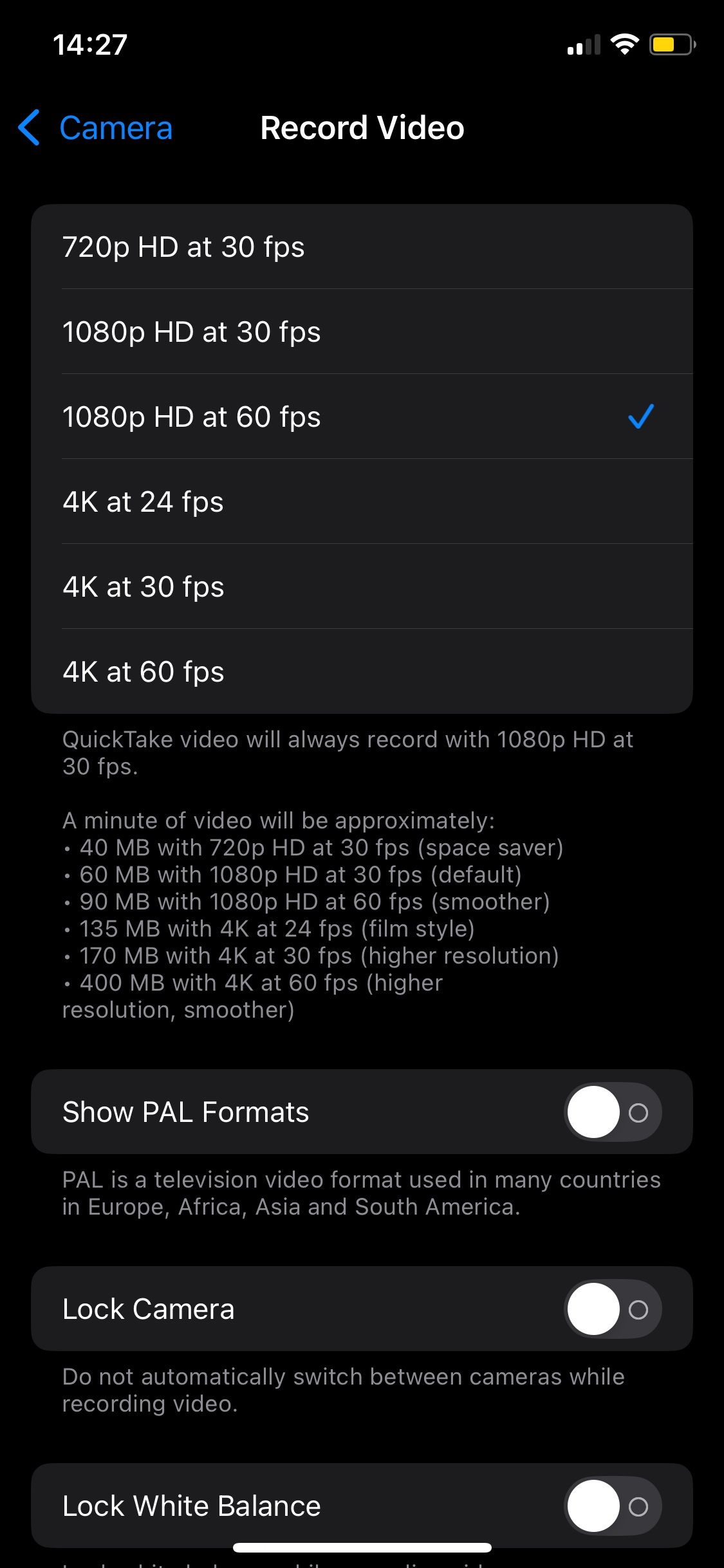 video settings page on ios