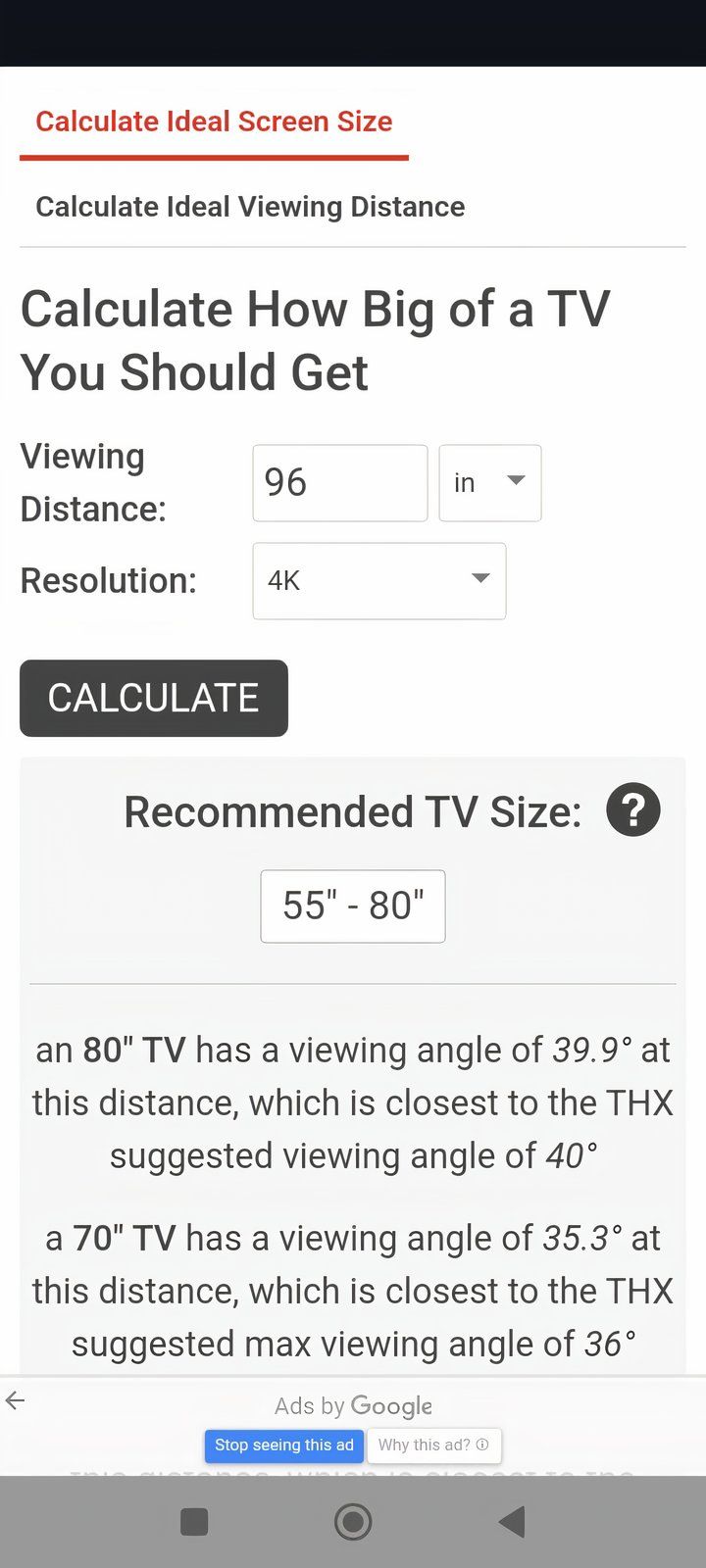 Image of the inch calculator dimensions page.