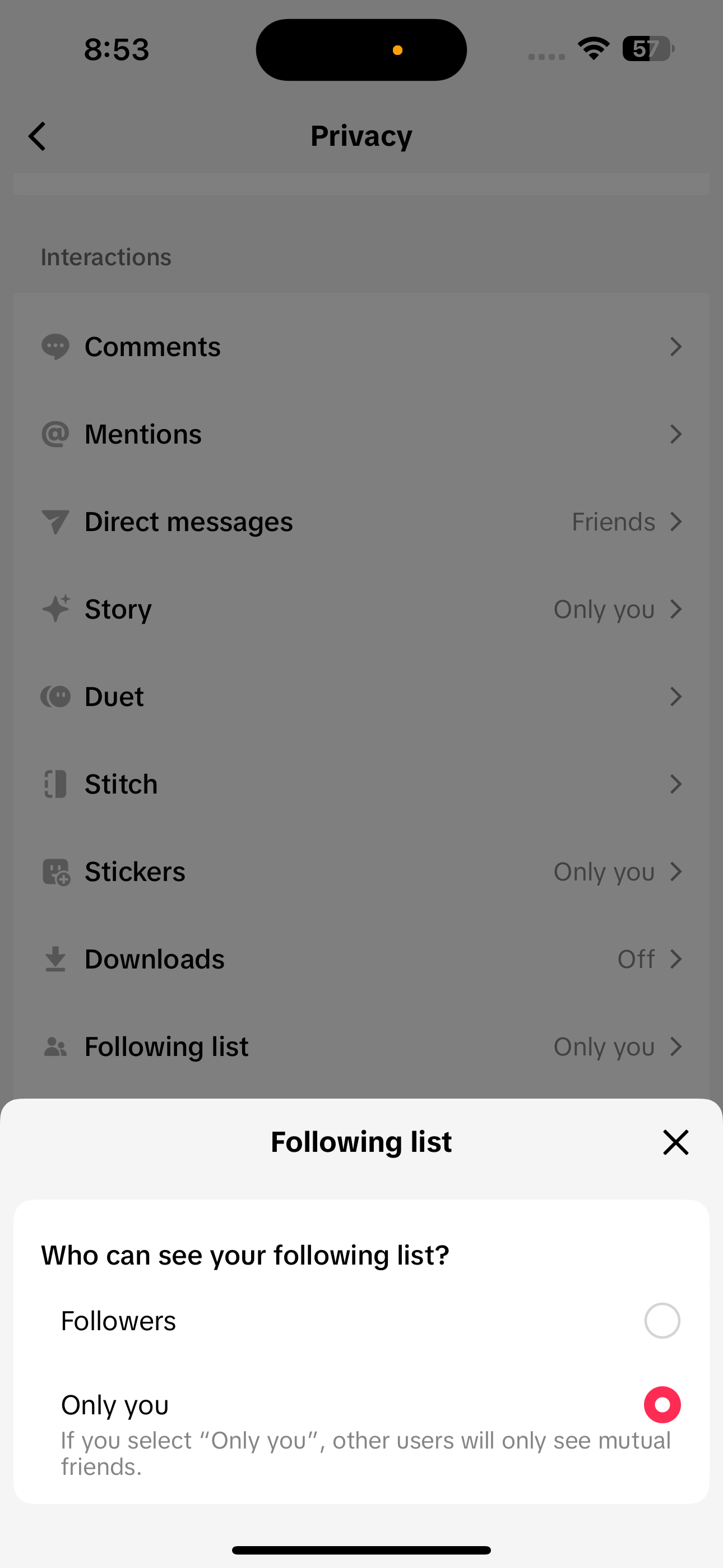 Who can see your following list popup on TikTok