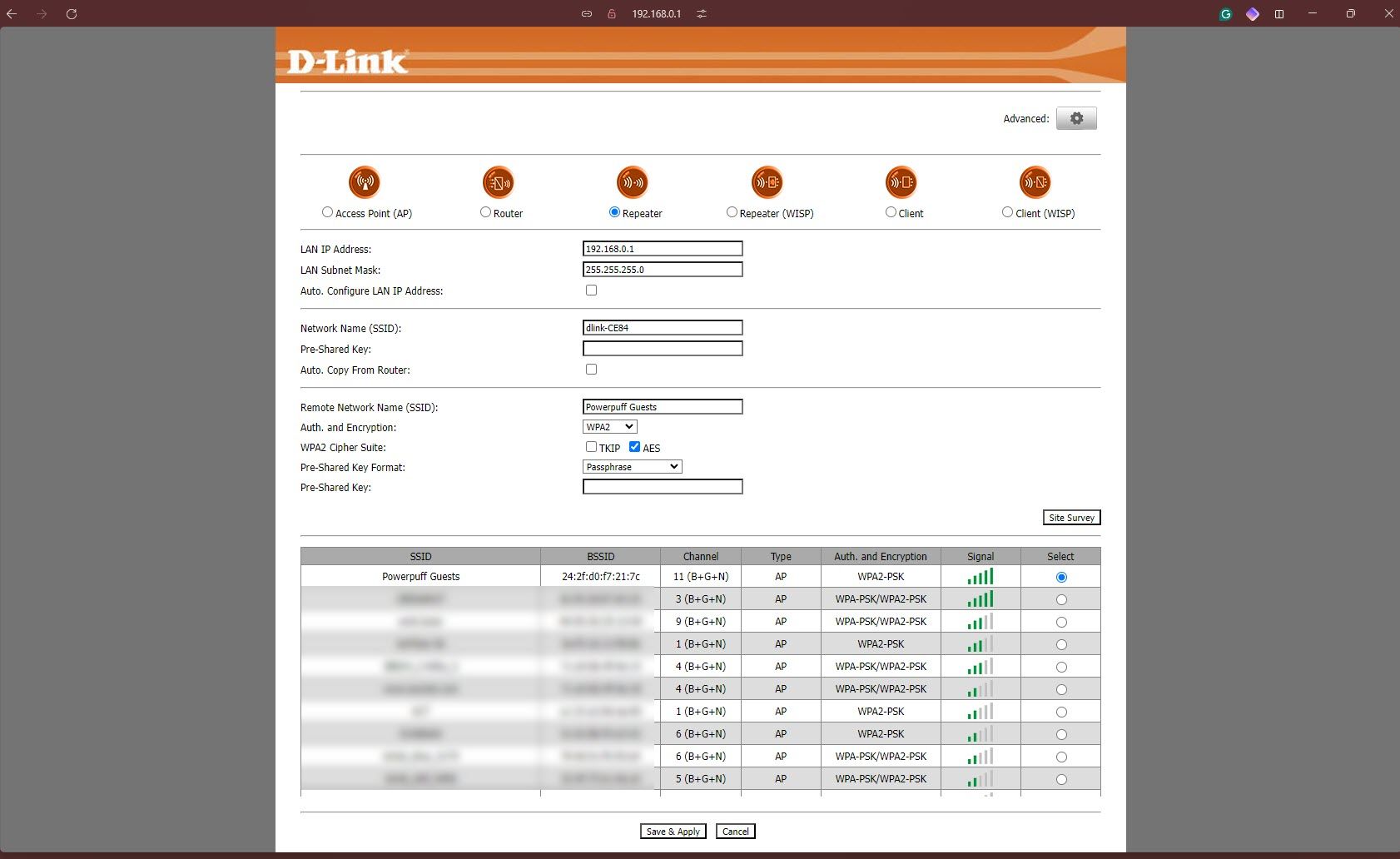 صفحه پیکربندی تکرارکننده روتر D-Link