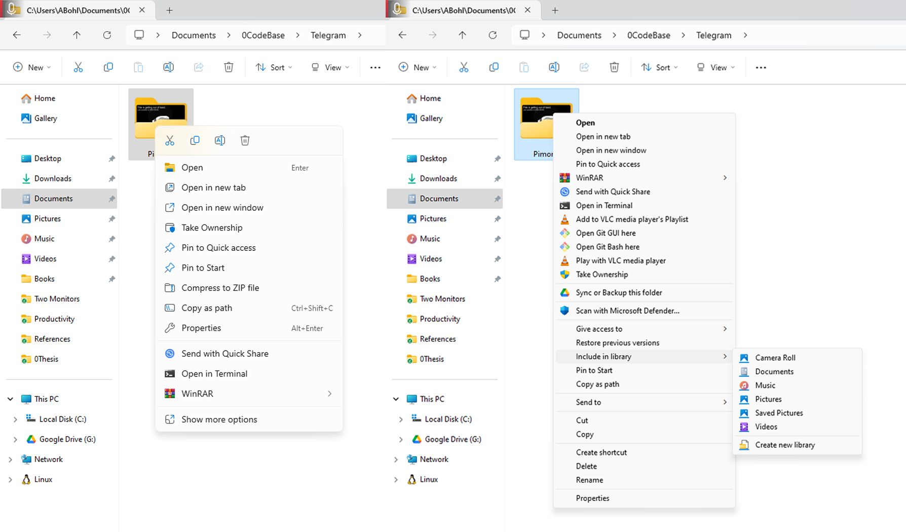 Windows 11 context menu and the classic context menu