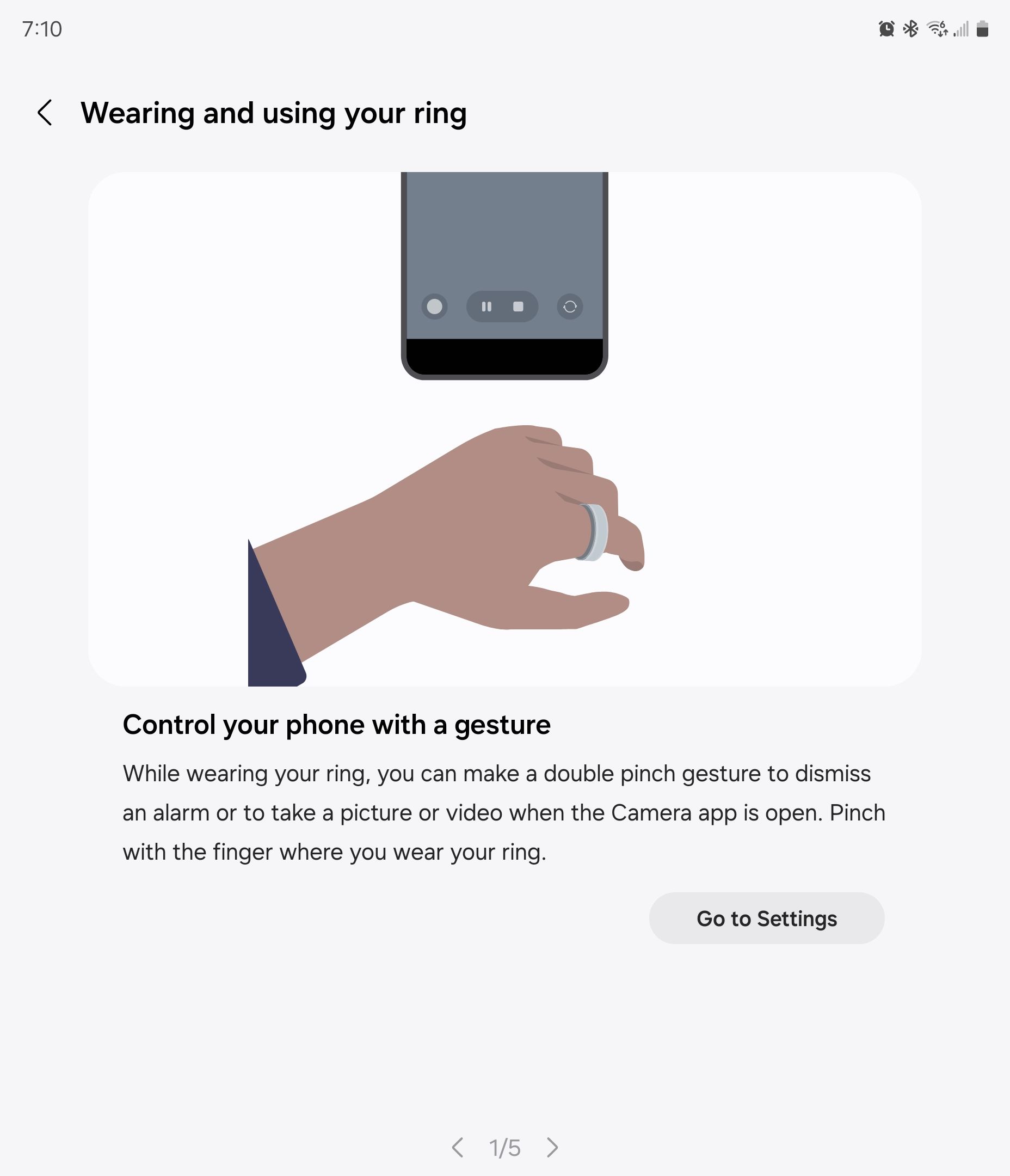 Samsung Wearable app explaining how to use a gesture with the Galaxy Ring.