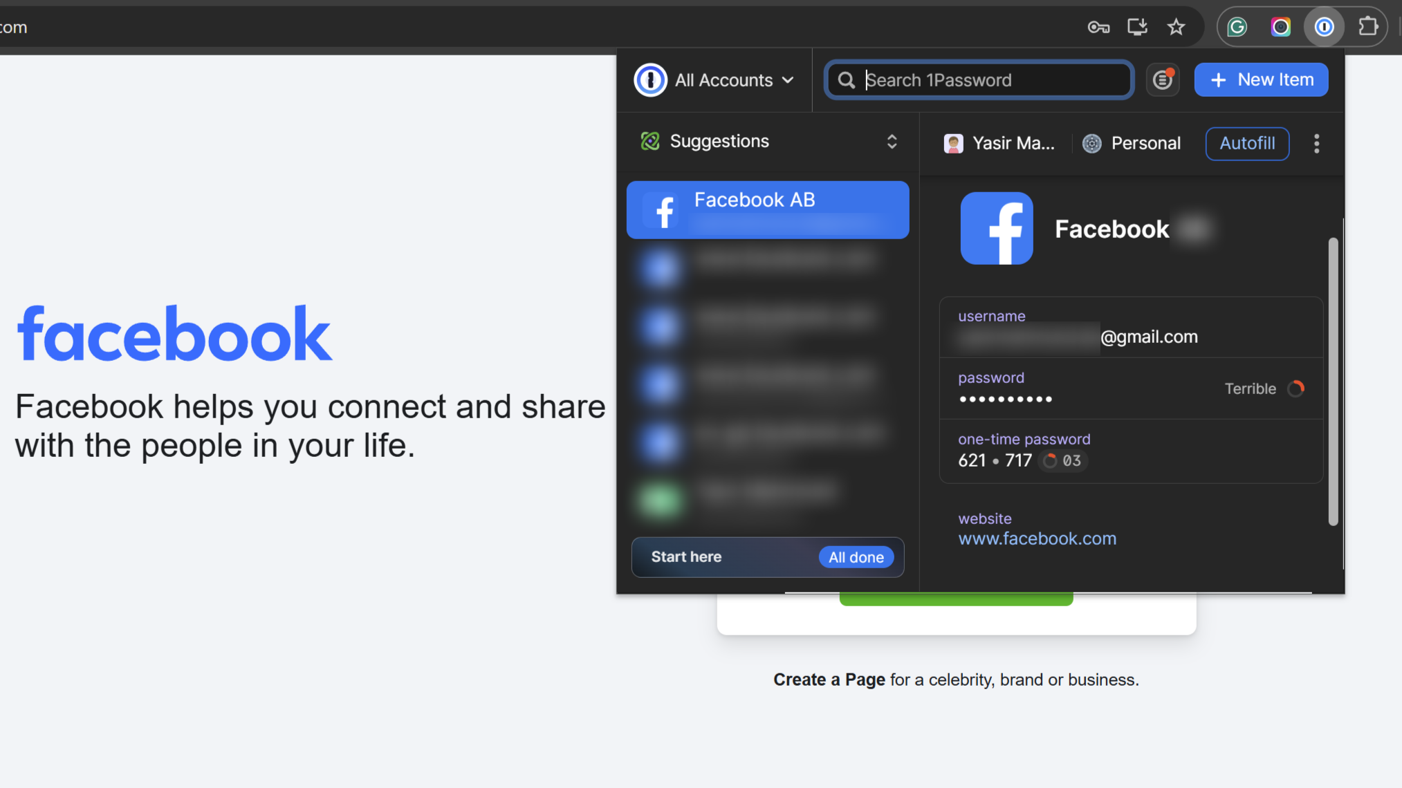 1Password Chrome extension with 2FA code for Facebook login