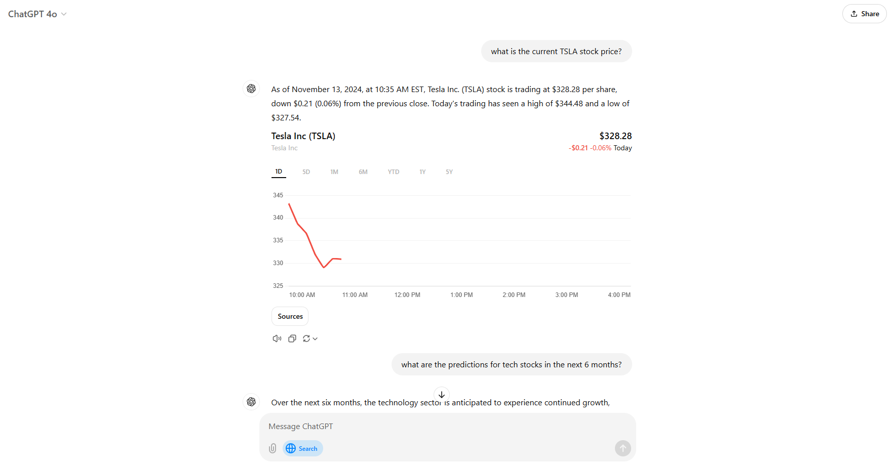 ChatGPT Search stock analysis question.