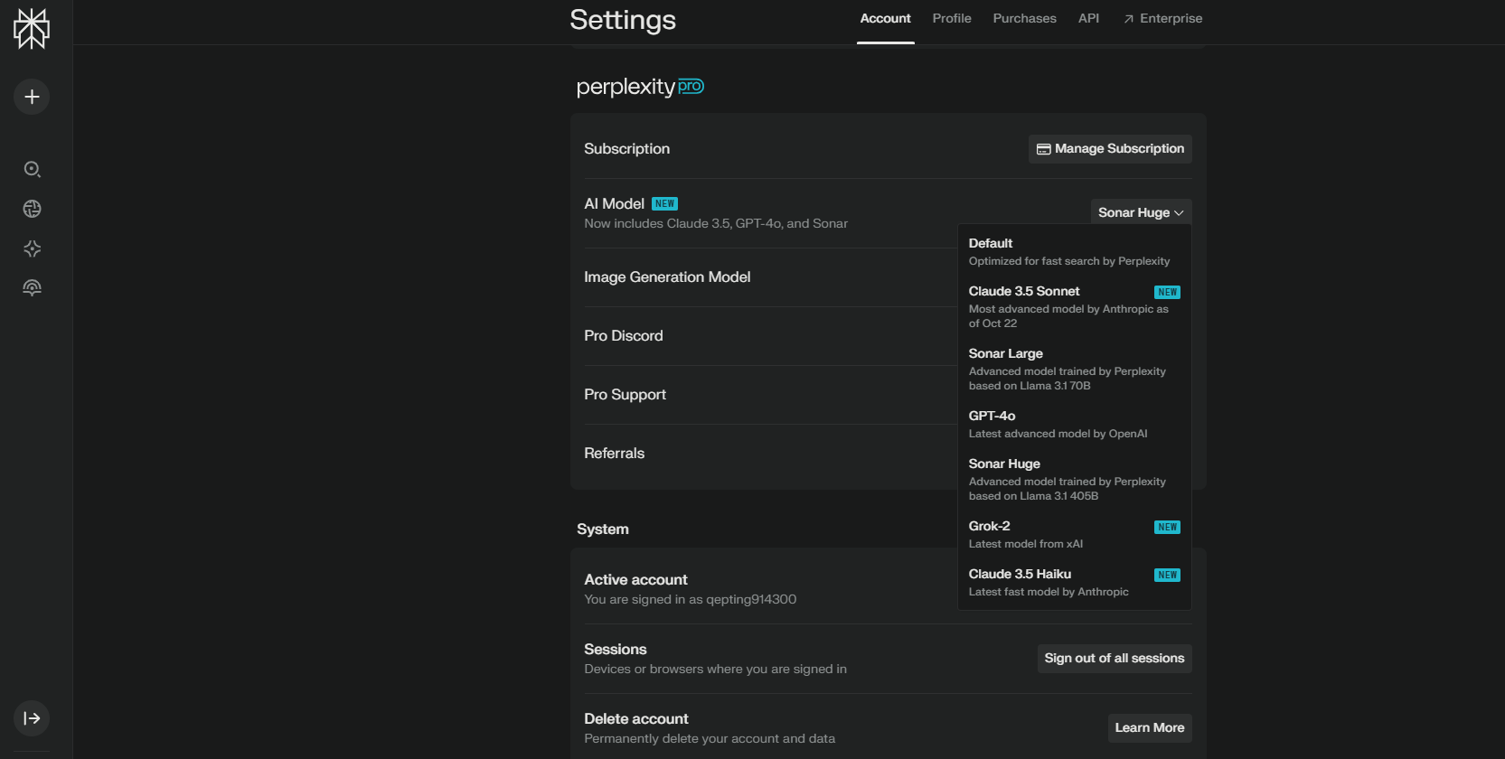 The settings showing the Perplexity Pro model selections.