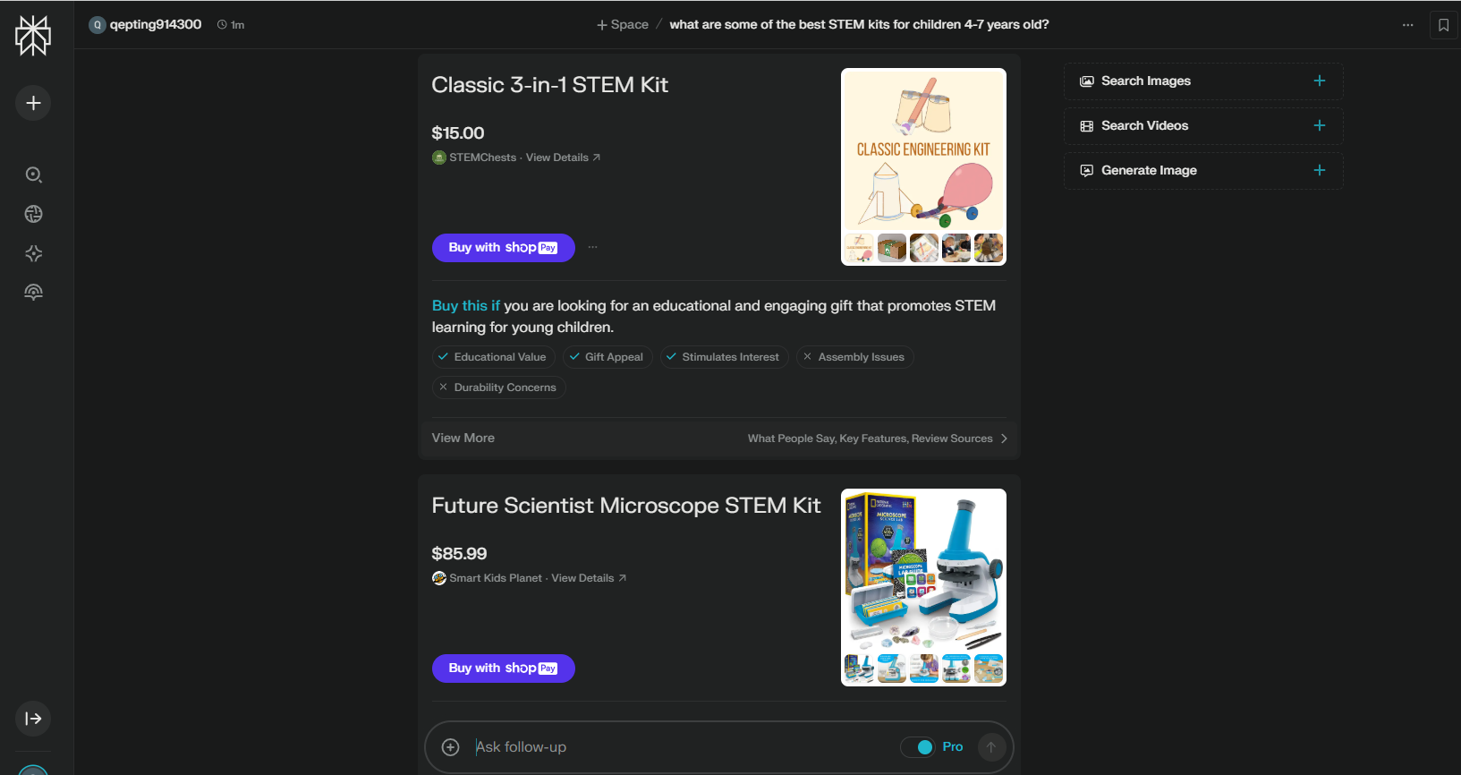 The Results from asking Perplexity Shopping about STEM Kits.