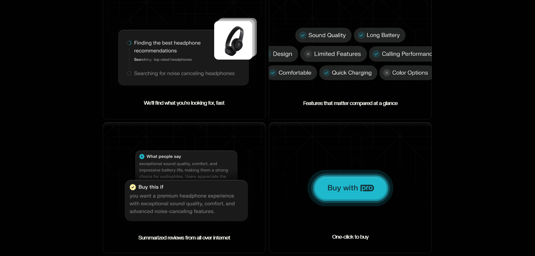 The features of the Perplexity Shopping application.