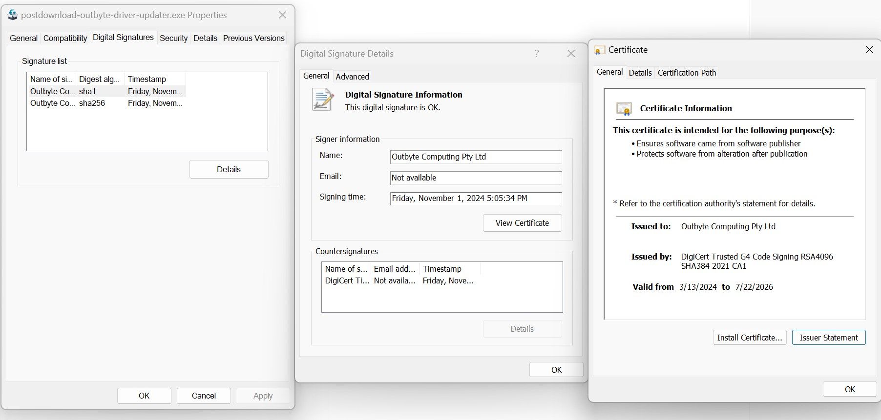 Checking the Certificate of an EXE file in Windows