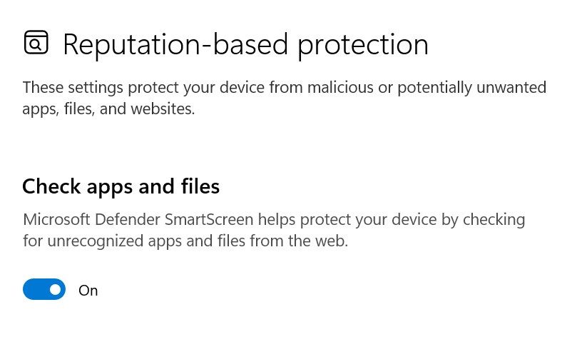 Checking the SmartScreen filter in the Windows Settings app