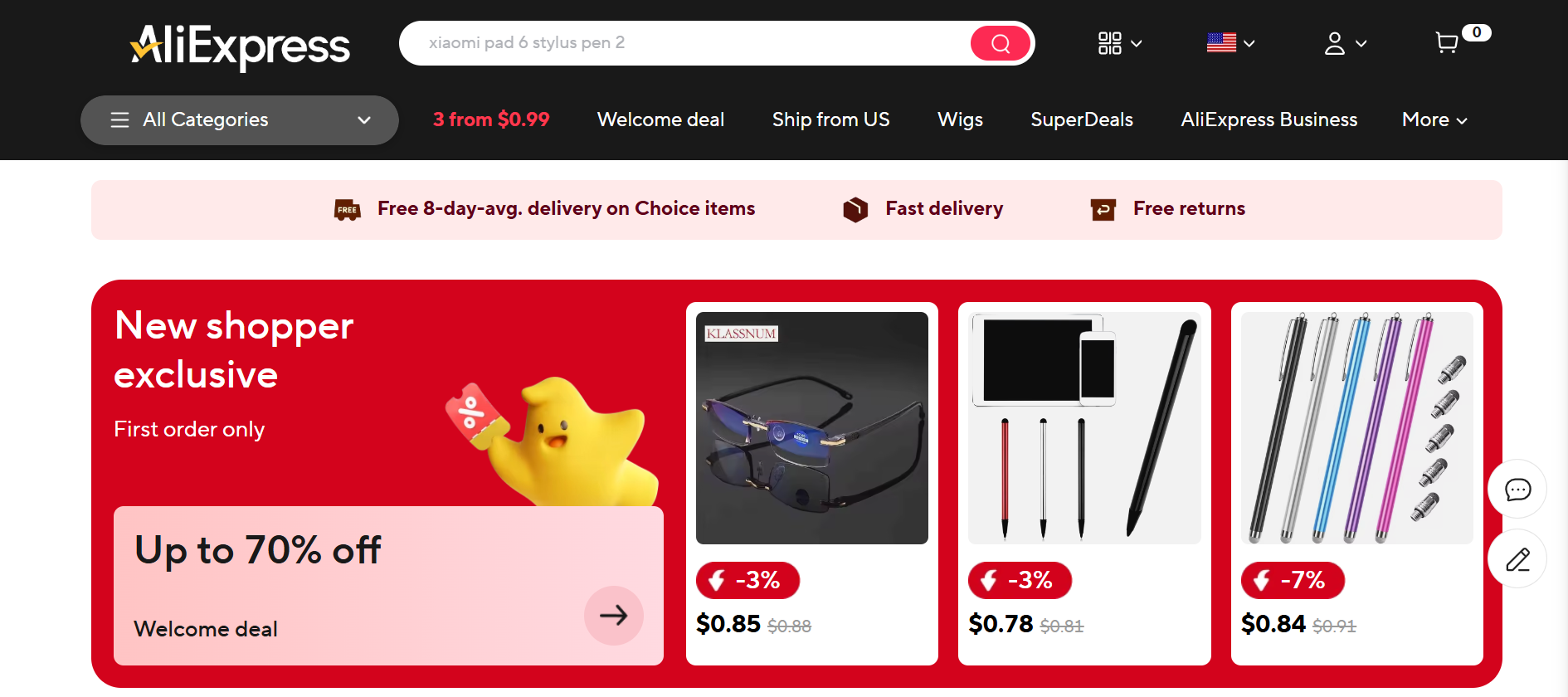 A screenshot of the Alieexpress homepage