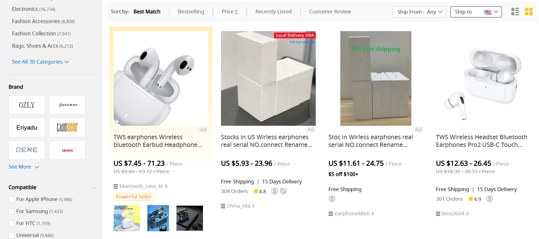 A screenshot of the DHGate website displaying earbuds eligible for free shipping