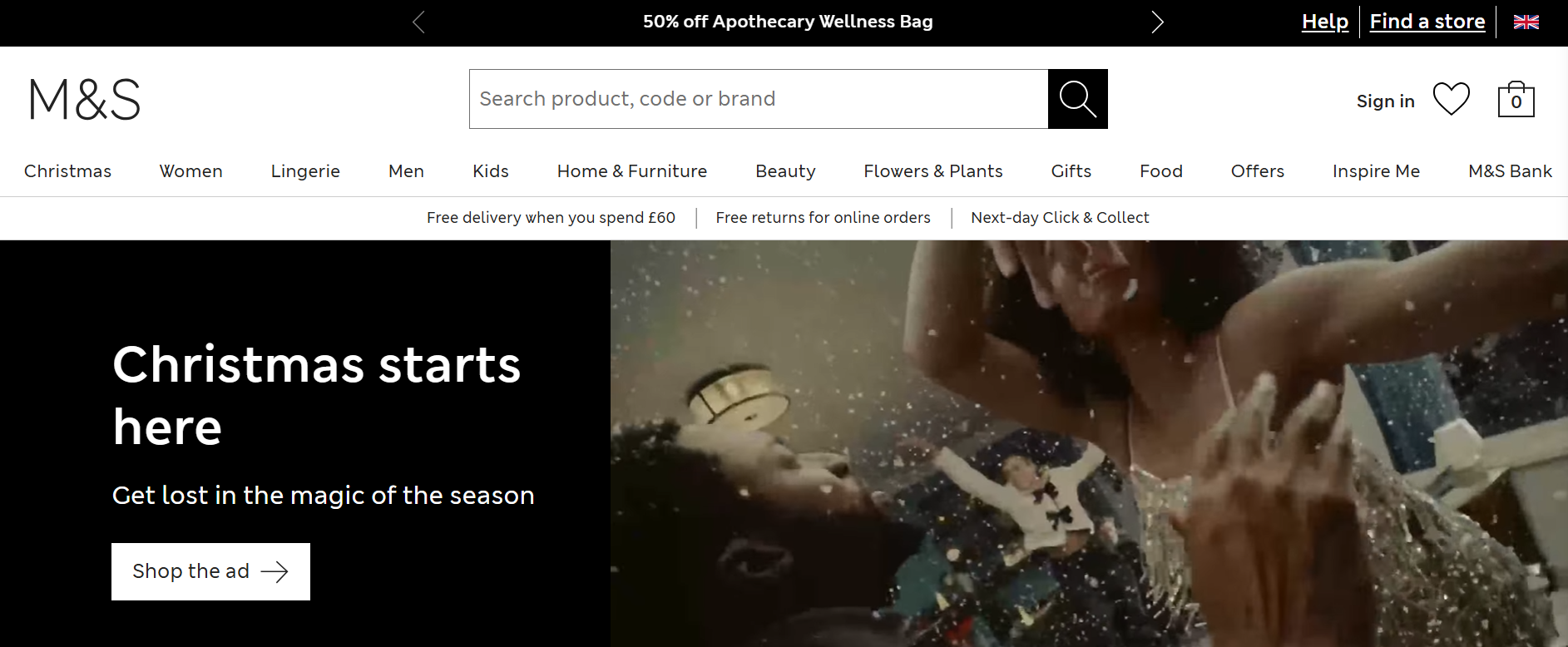 A screenshot of the Mark and Spencer homepage