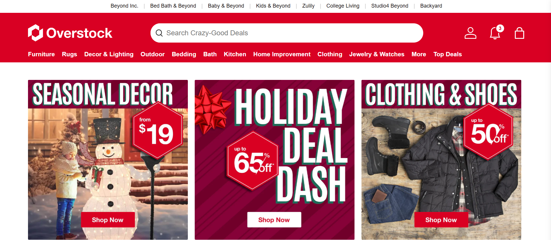 A screenshot of the Overstock homepage