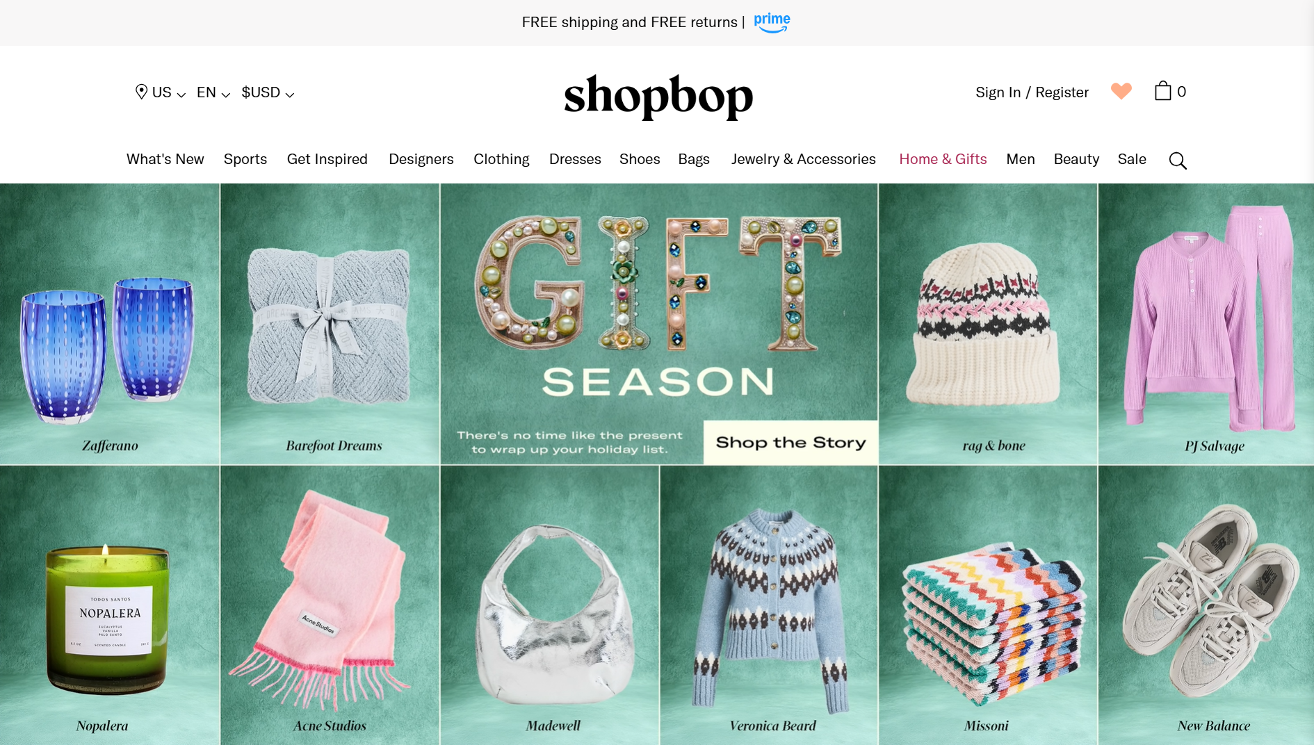 A screenshot of the Shopbop site homepage