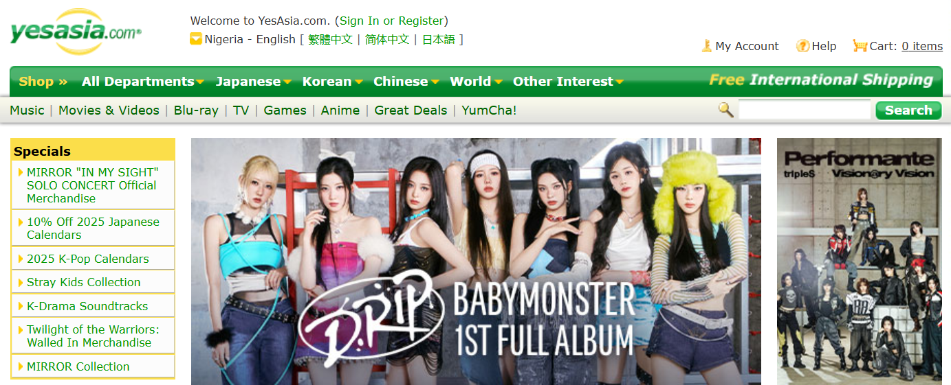 A screenshot of the YesAsia site homepage