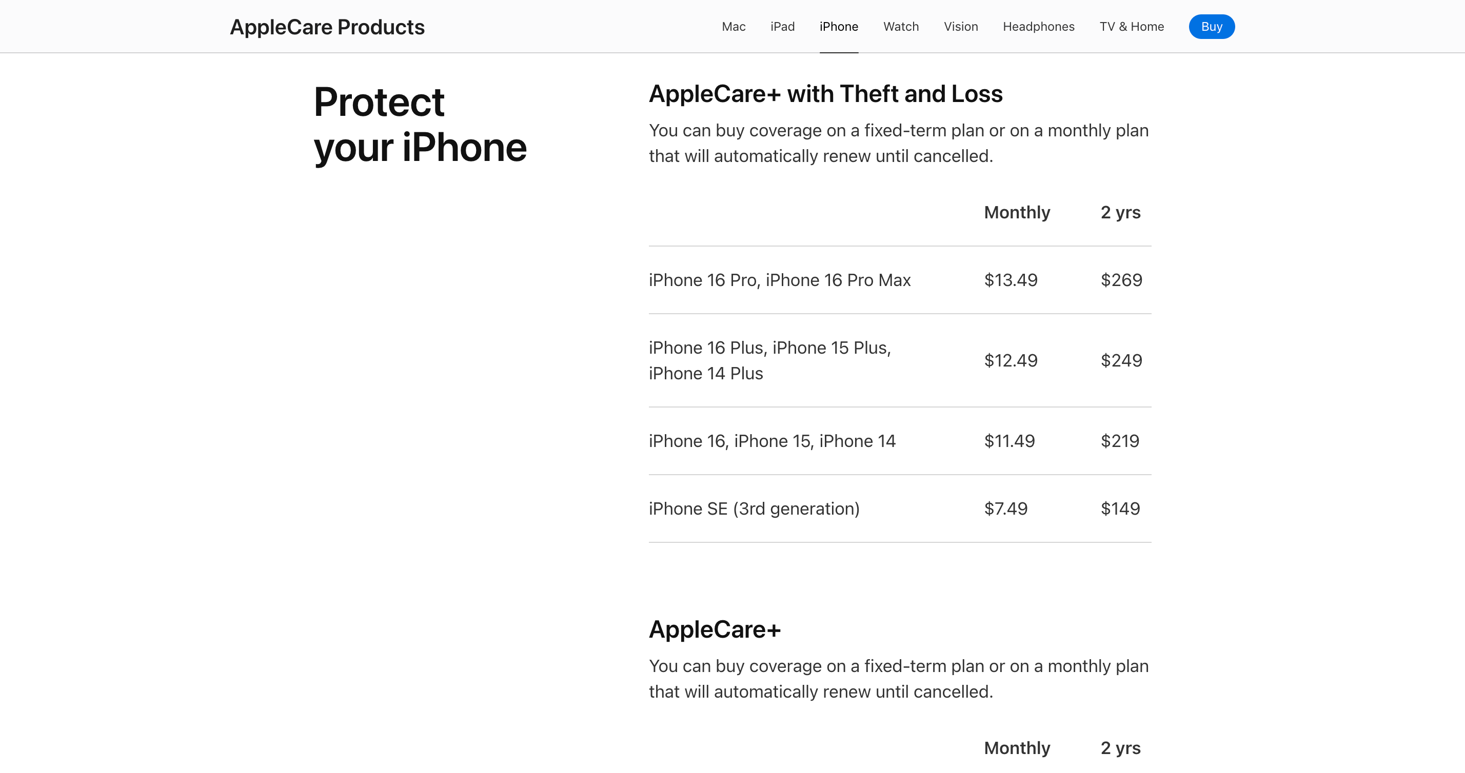 Apple Care+ pricing for different iPhone models