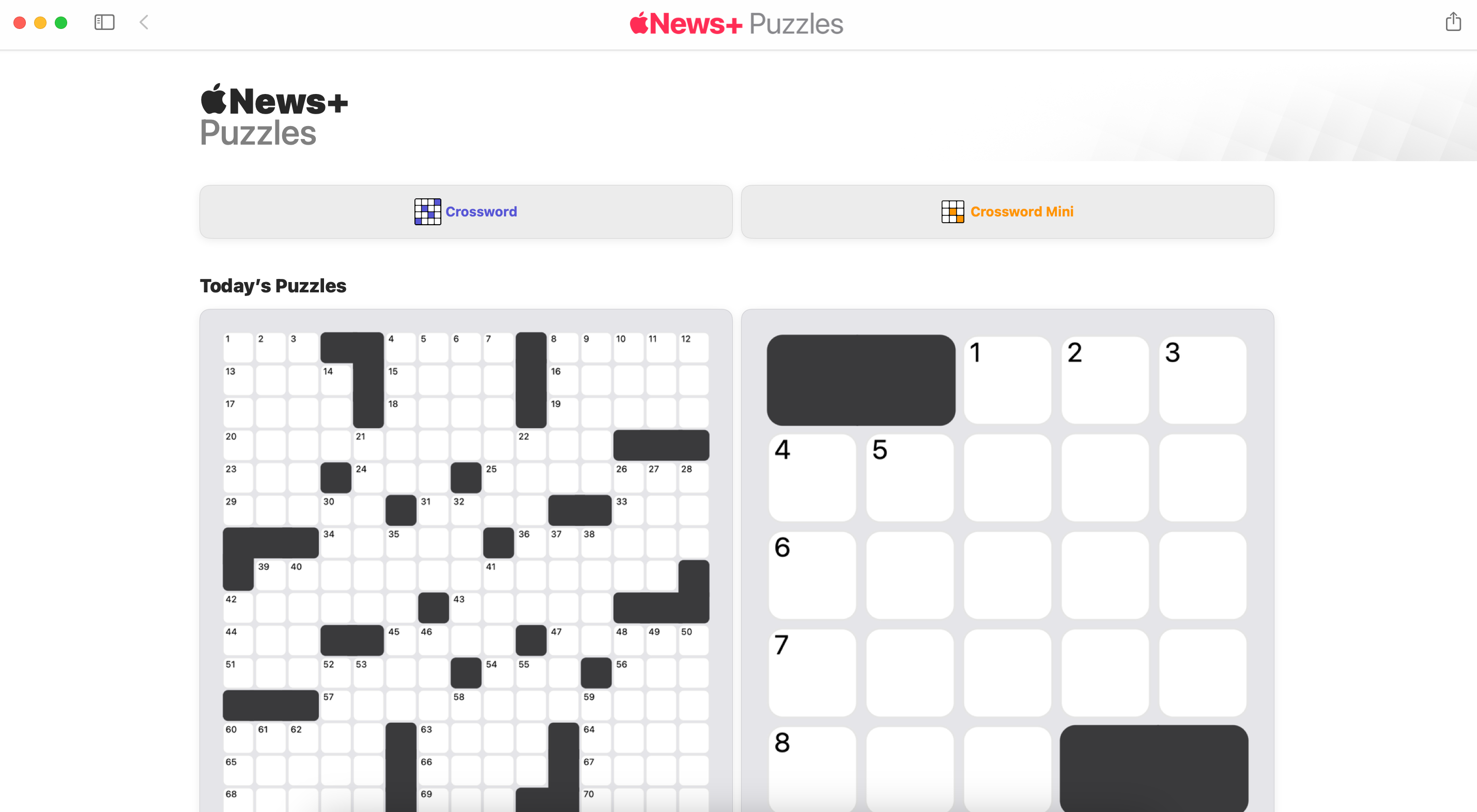 A crossword and mini crossword are featured on the home page of Apple News+ 