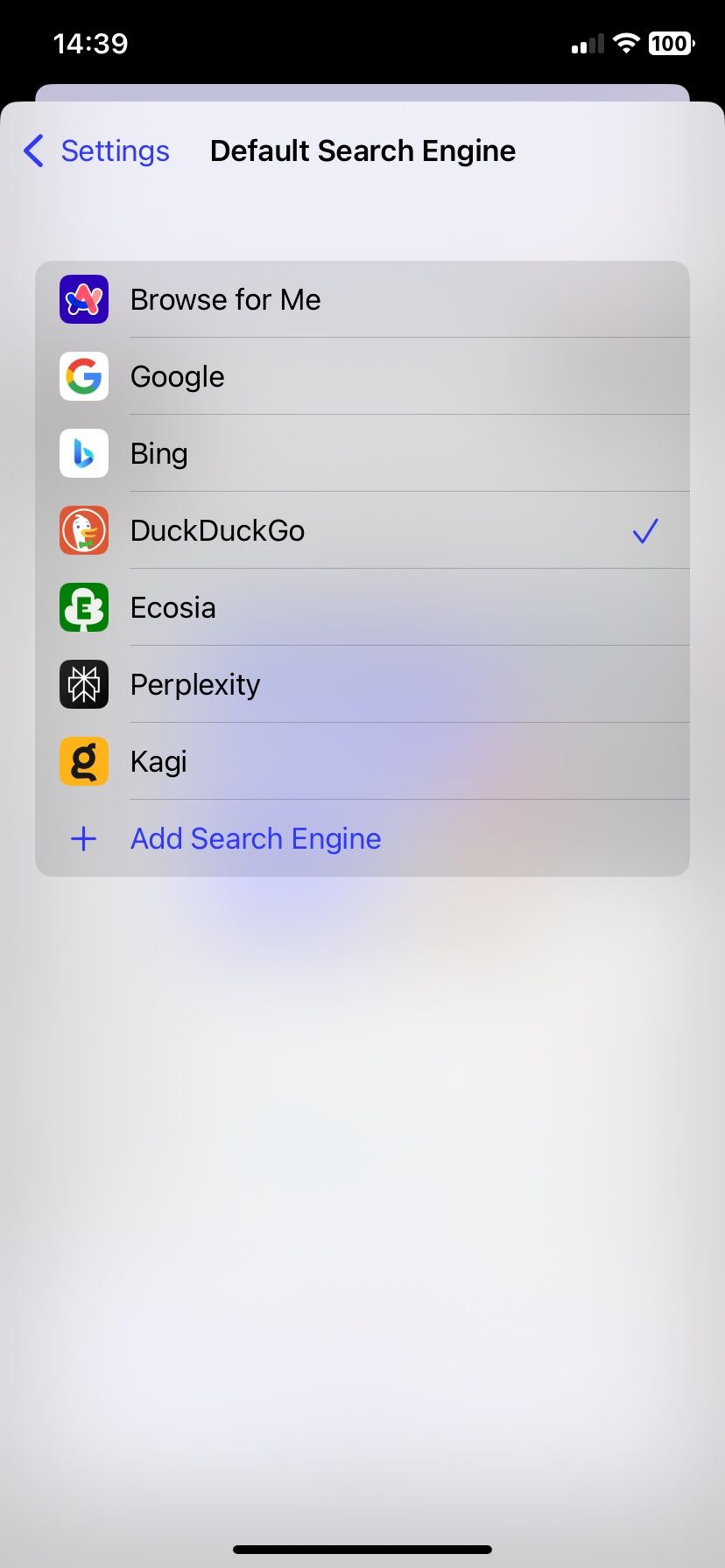 Arc Search's default search engine selection screen on iPhone